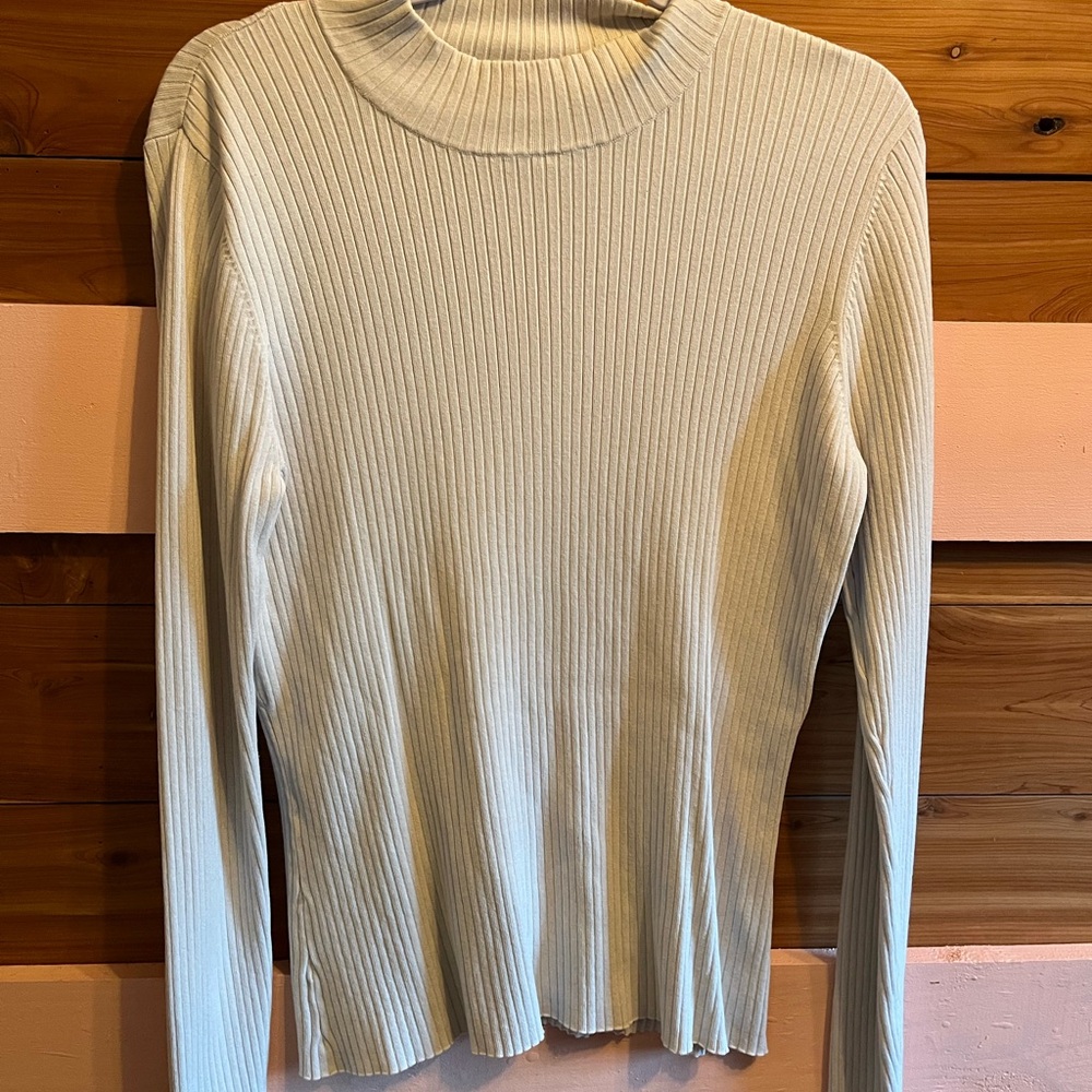 Green Ribbed Long Sleeve Fitted Blouse